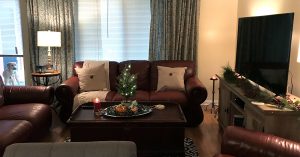 living room with christmas decorations