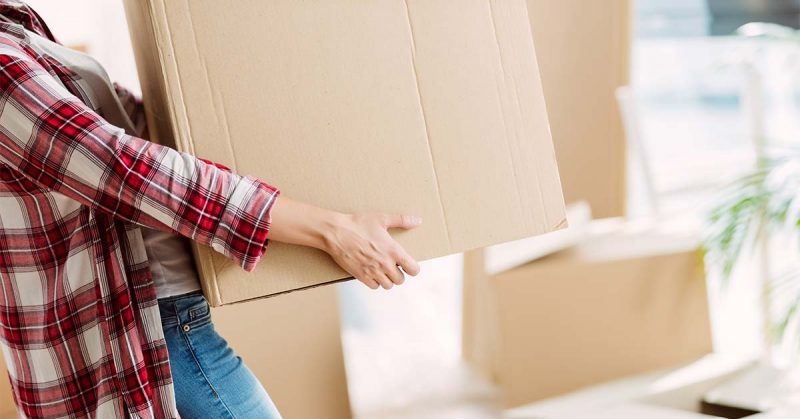 A neck-down view of a woman in a flannel shirt carrying a moving box.