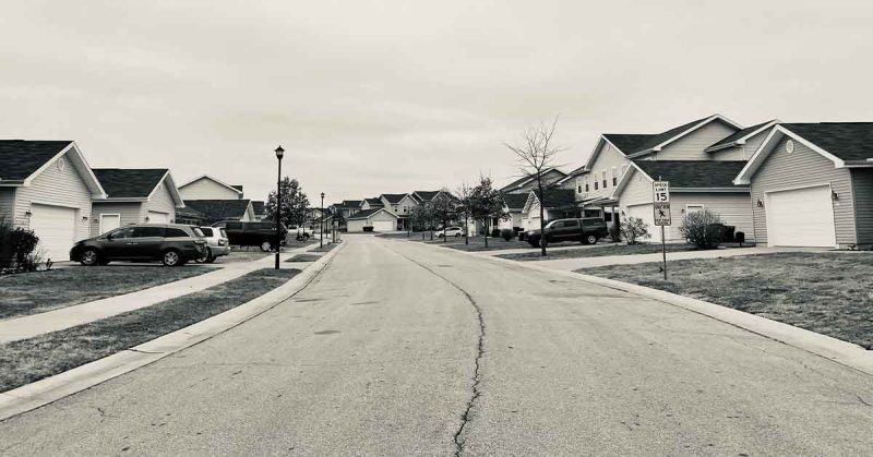 Black and white photo of a neighborhood