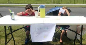 Two kids hosting a lemonade stand