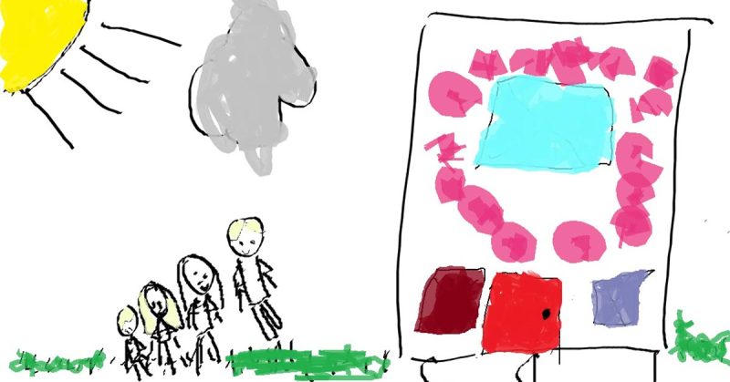 A child’s drawing of a house with the family standing on the outside