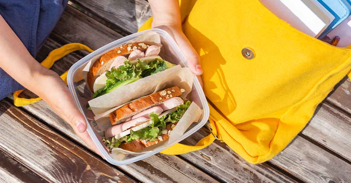 Hands holding container with sandwich