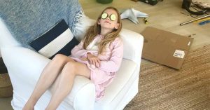 Kristi’s daughter relaxing with cucumbers on her eyes