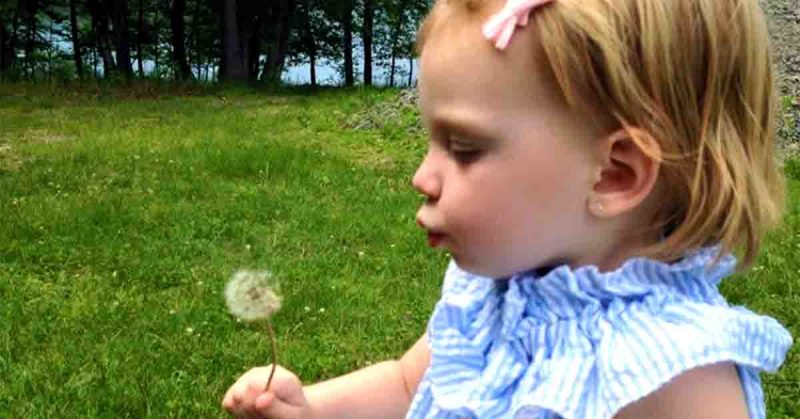 Kristi’s daughter holds a dandelion outside near trees