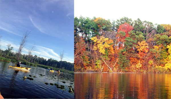 A kayaking photo and a photo of autumnal trees